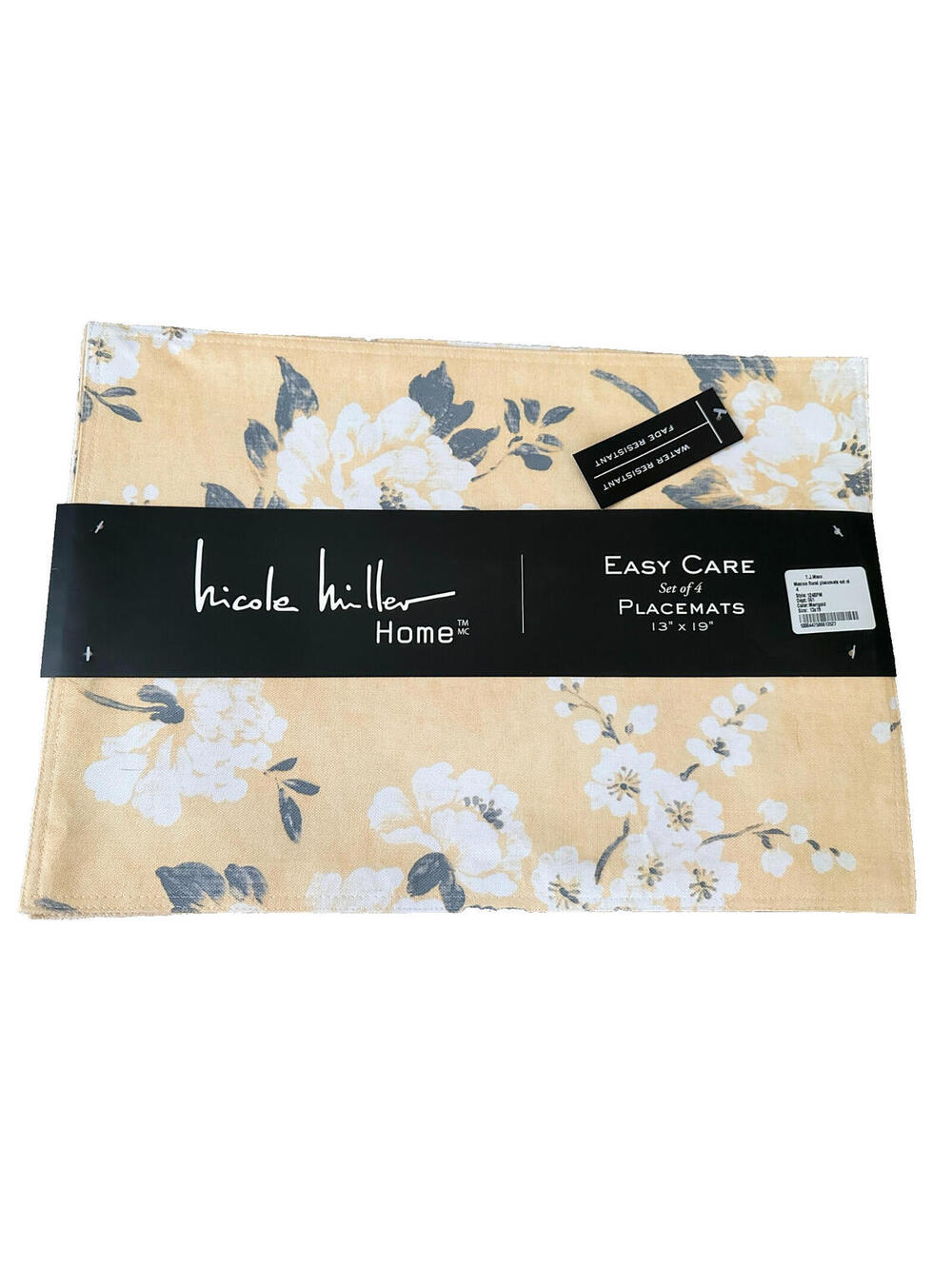 NWT Nicole Miller Set of 4 Yellow Floral Placemats Water Resist Easy Care 13x19
